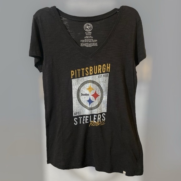 Vintage NFL PITTSBURGH STEELERS TEE V-Neck Short Sleeve 47 Brand XL Black NWT - Picture 8 of 11